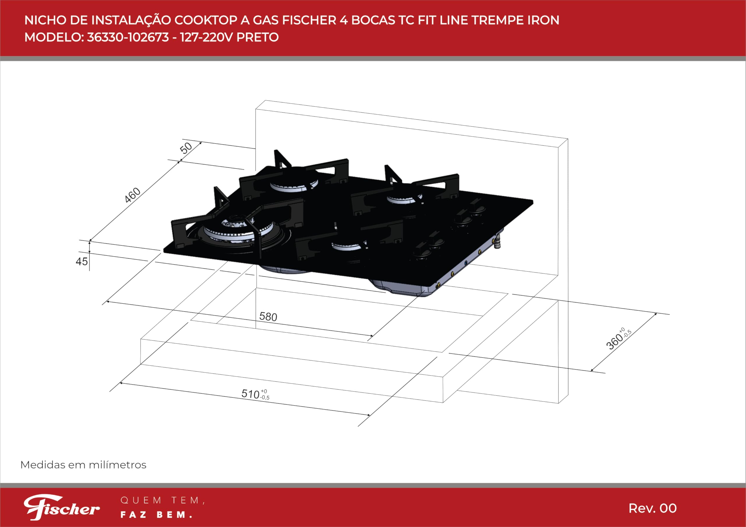 FISCHER COOKTOP À GÁS 4 BOCAS TRIPLA CHAMA FTI LINE TREMPE IRON